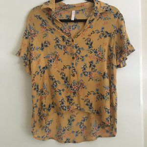 Xhiliration Yellow Floral Button Up Blouse